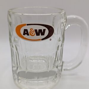 A&W Branded Clear Glass Mug with Orange and Brown Logo
